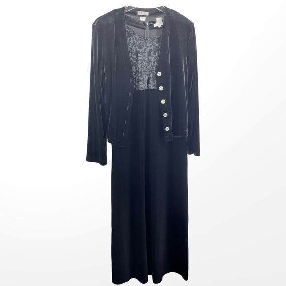 90s FOCUS Vintage Black Velvet Jacket Dress Set with Shoulder Pads - Picture 15 of 15